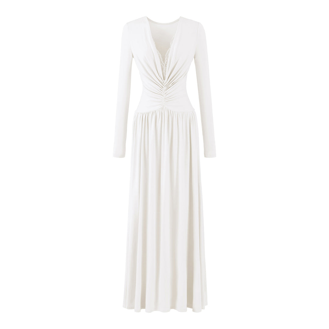 Damen Maxikleid mit gerafftem Wickeloberteil, tiefem V‑Ausschnitt und Spitzenbesatz Echoarchiv