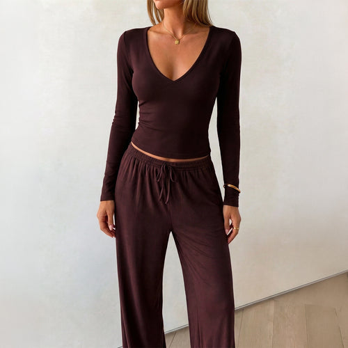 Damen elegantes Lounge-Set mit figurbetontem V-Ausschnitt Longsleeve und weiten Relax-Hosen – Élanora