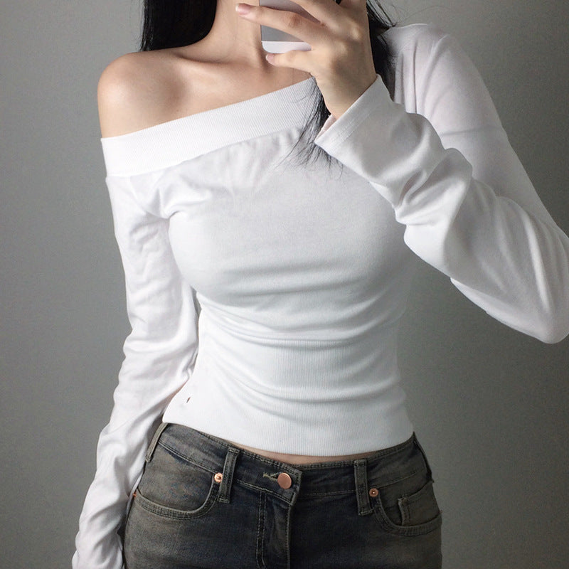 Damen nan schulterfreies Langarmshirt mit taillierter Silhouette und seitlicher Knopfleiste Echo Archiv