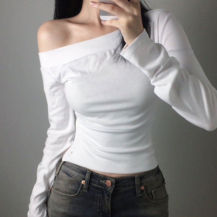 Damen nan schulterfreies Langarmshirt mit taillierter Silhouette und seitlicher Knopfleiste Echo Archiv