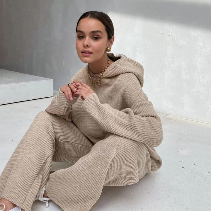 Damen gemütliches Lounge-Set mit Kapuzenpullover, Kängurutasche und weitem Jersey-Hose – Auréline