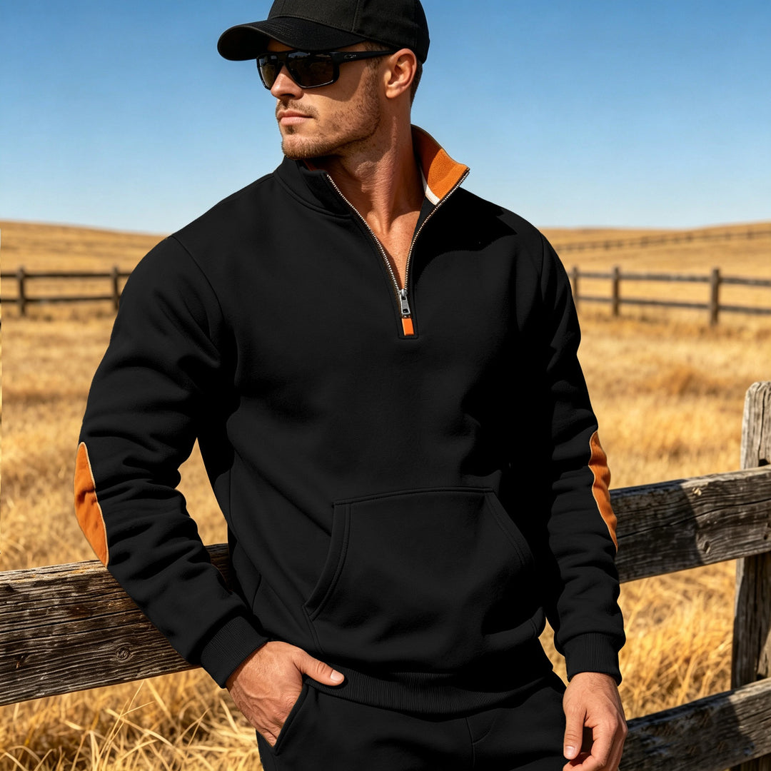 Herren Athletisches Halbzip-Sweatshirt mit Ellenbogenpatches und Kängurutasche Echoarchiv
