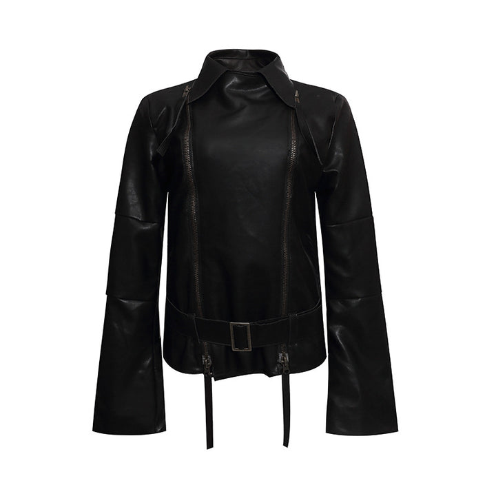 Damen Kunstleder-Bondagejacke mit verlängerten Ärmeln, Doppel-Reißverschlüssen und Taillengürtel Echoarchiv