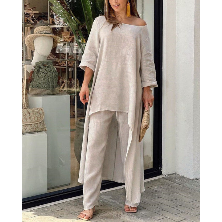 Damen Leichtes Leinen-Zweiteiler mit asymmetrischer High-Low-Tunika und weiter Palazzo-Hose Echo Archiv