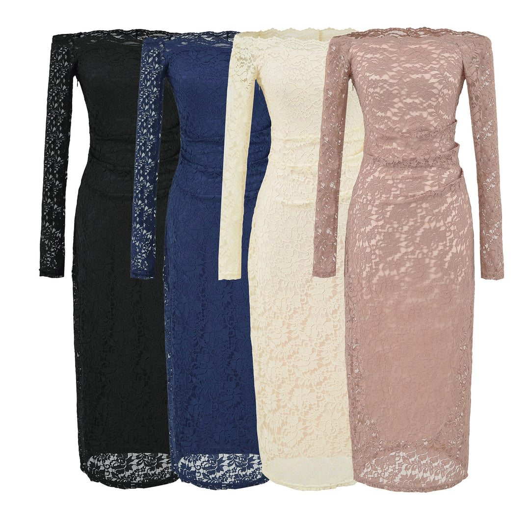 Damen Schulterfreies Spitzenkleid mit Taillenraffung und Langarm Echoarchiv