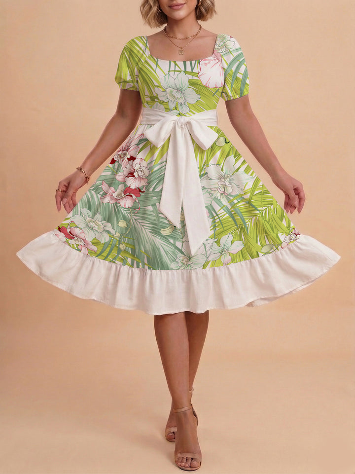 Damen A-Linien-Kleid mit floralen Motiven und taillierbarem Gürtel Echo Archiv