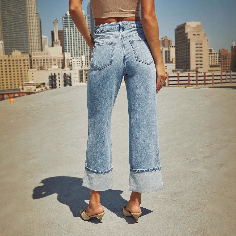 Damen nan hochgeschnittene Culotte-Jeans mit breitem Umschlag und geradem Bein Echo Archiv