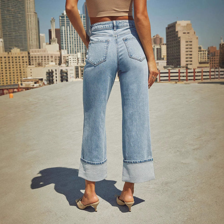 Damen nan hochgeschnittene Culotte-Jeans mit breitem Umschlag und geradem Bein Echo Archiv