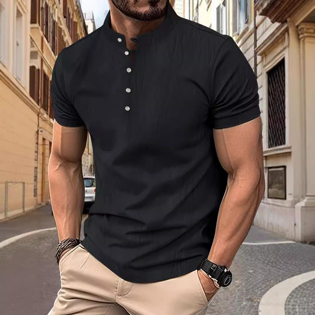Herren Kurzarmshirt mit modernem Stehkragen und Knopfleiste Echoarchiv