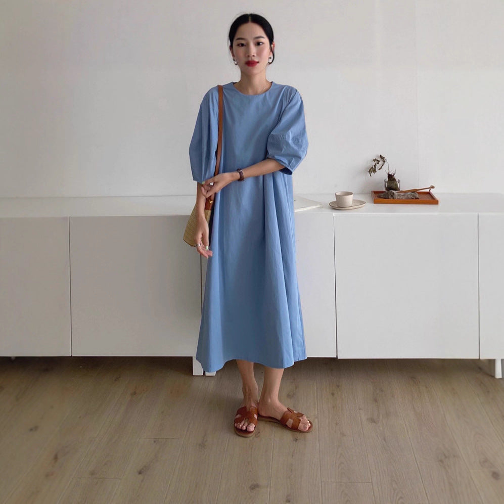 Damen Leichtes A-Linien Midikleid aus Baumwoll-Popeline mit ballonförmigen Ellenbogenärmeln – Élara