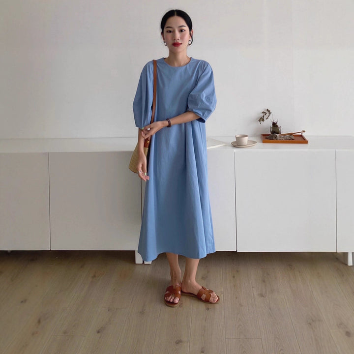 Damen Leichtes A-Linien Midikleid aus Baumwoll-Popeline mit ballonförmigen Ellenbogenärmeln – Élara