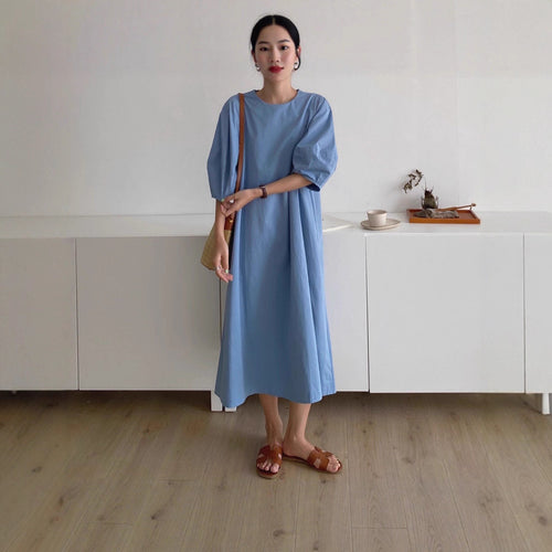 Damen Leichtes A-Linien Midikleid aus Baumwoll-Popeline mit ballonförmigen Ellenbogenärmeln – Élara