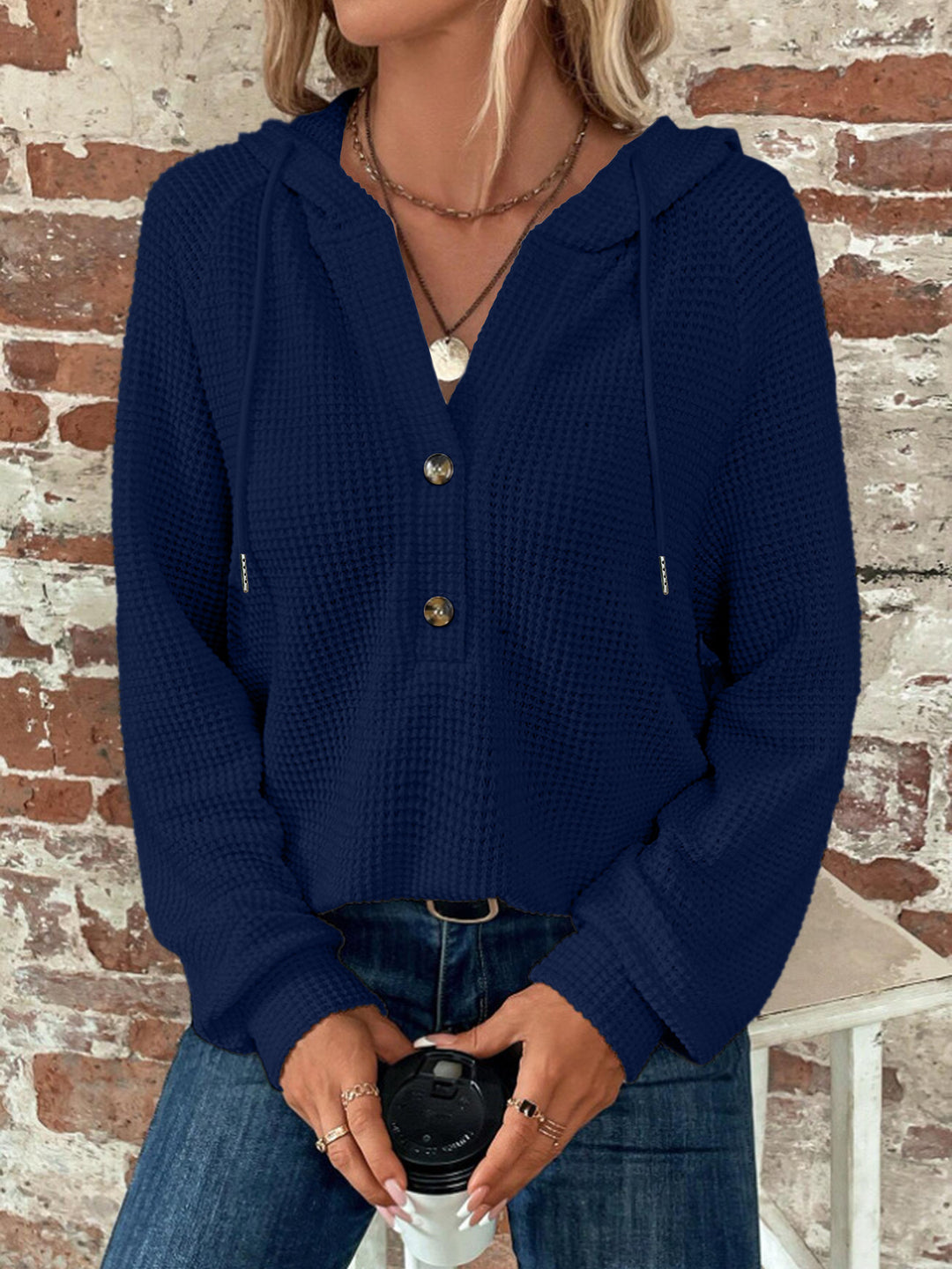 Damen Waffelstrick Kapuzenpullover mit Knopfleiste und Rüschenkragen Echoarchiv