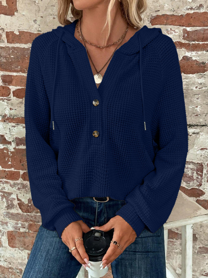 Damen Waffelstrick Kapuzenpullover mit Knopfleiste und Rüschenkragen Echoarchiv