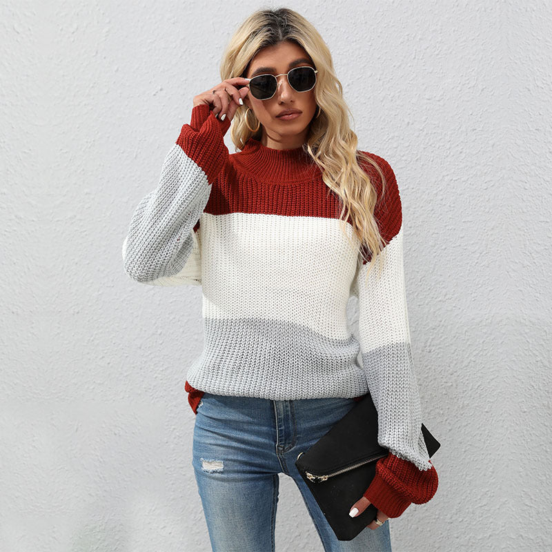 Damen Strickpullover mit Blockstreifen und Stehkragen Echoarchiv