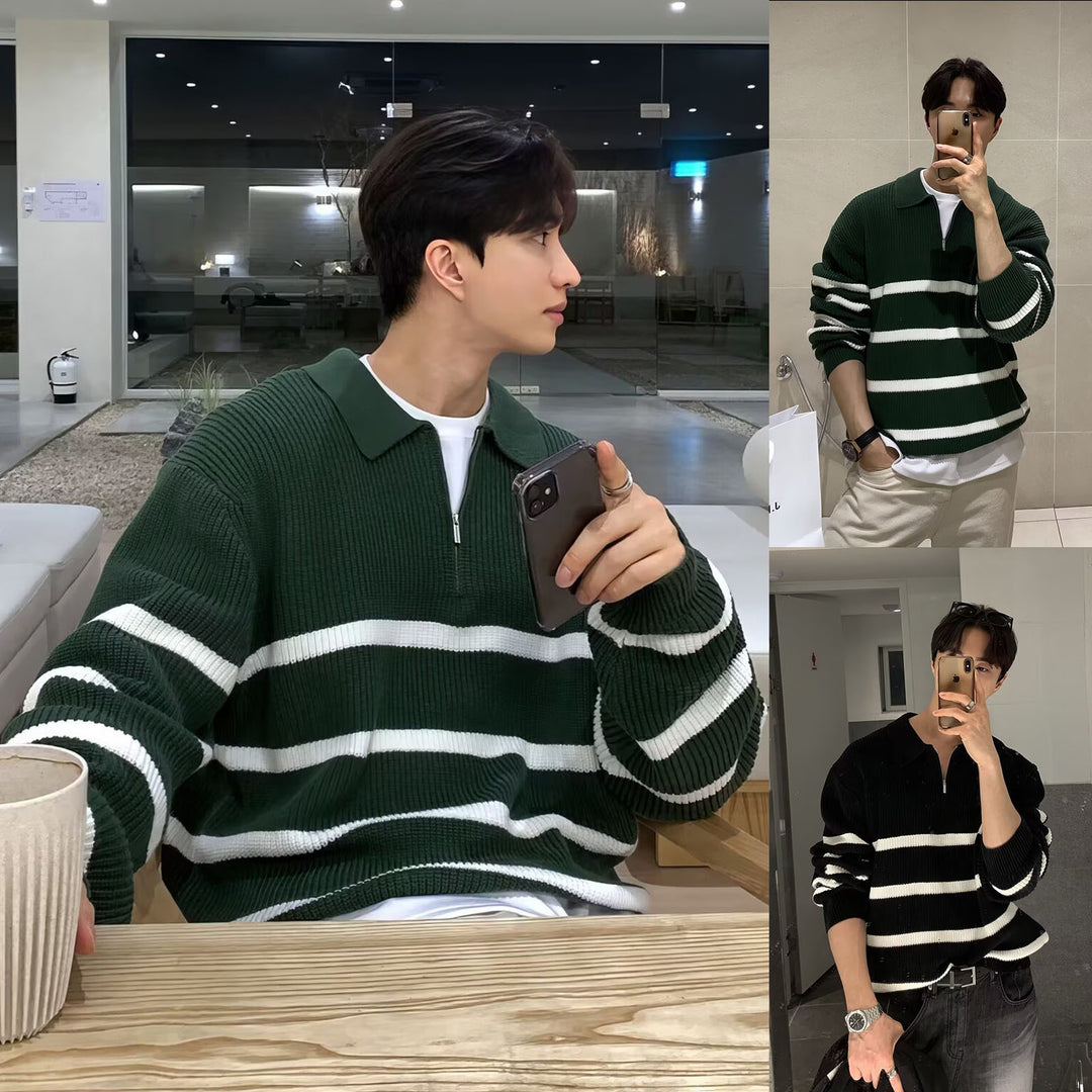 Herren Modischer Kurzarm Pullover mit Streifen Echoarchiv