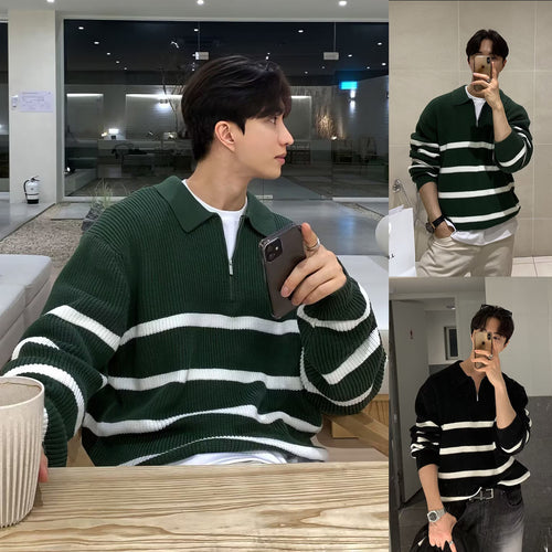 Herren Modischer Kurzarm Pullover mit Streifen Echoarchiv