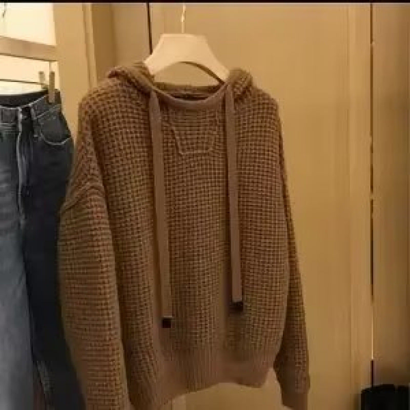 Damen Grobgestrickter Oversize-Kapuzenpullover mit Waffelstruktur und Kordelzug Echoarchiv