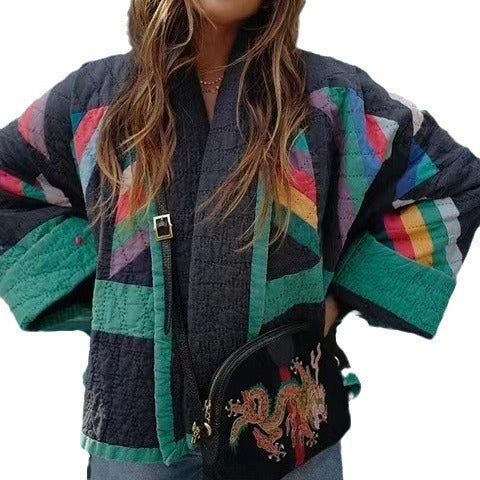 Damen wattierte Kimono-Steppjacke mit Patchwork-Design und weiten Ärmeln Echo Archiv