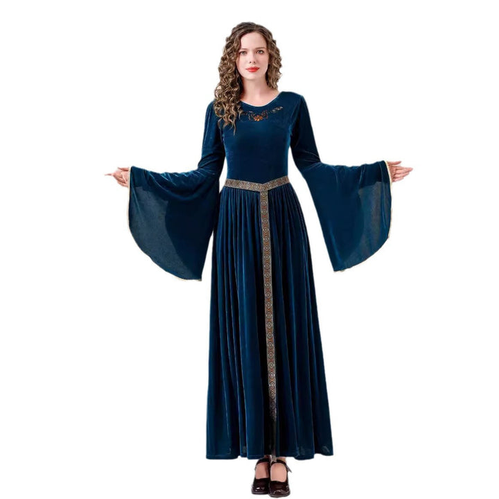 Damen elegantes Samtkleid mit Weitem Ärmel und Ziergürtel – Élara