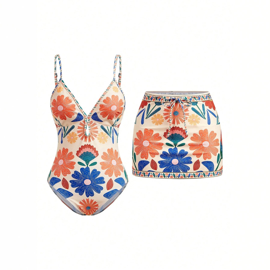 Damen Blumenmuster Badeanzug mit passendem Rock Echo Archiv