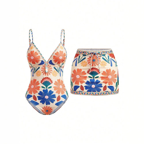 Damen Blumenmuster Badeanzug mit passendem Rock Echo Archiv