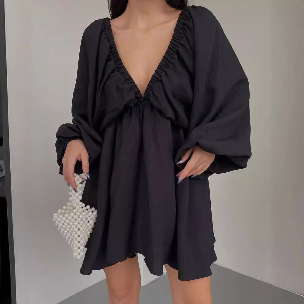 Damen Lockeres Minikleid mit tiefem V-Ausschnitt und Ballonärmeln Echoarchiv