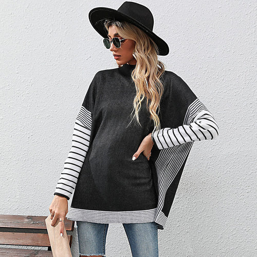 Damen Oversize Strickpullover mit Stehkragen und gestreiften Raglanärmeln Echoarchiv