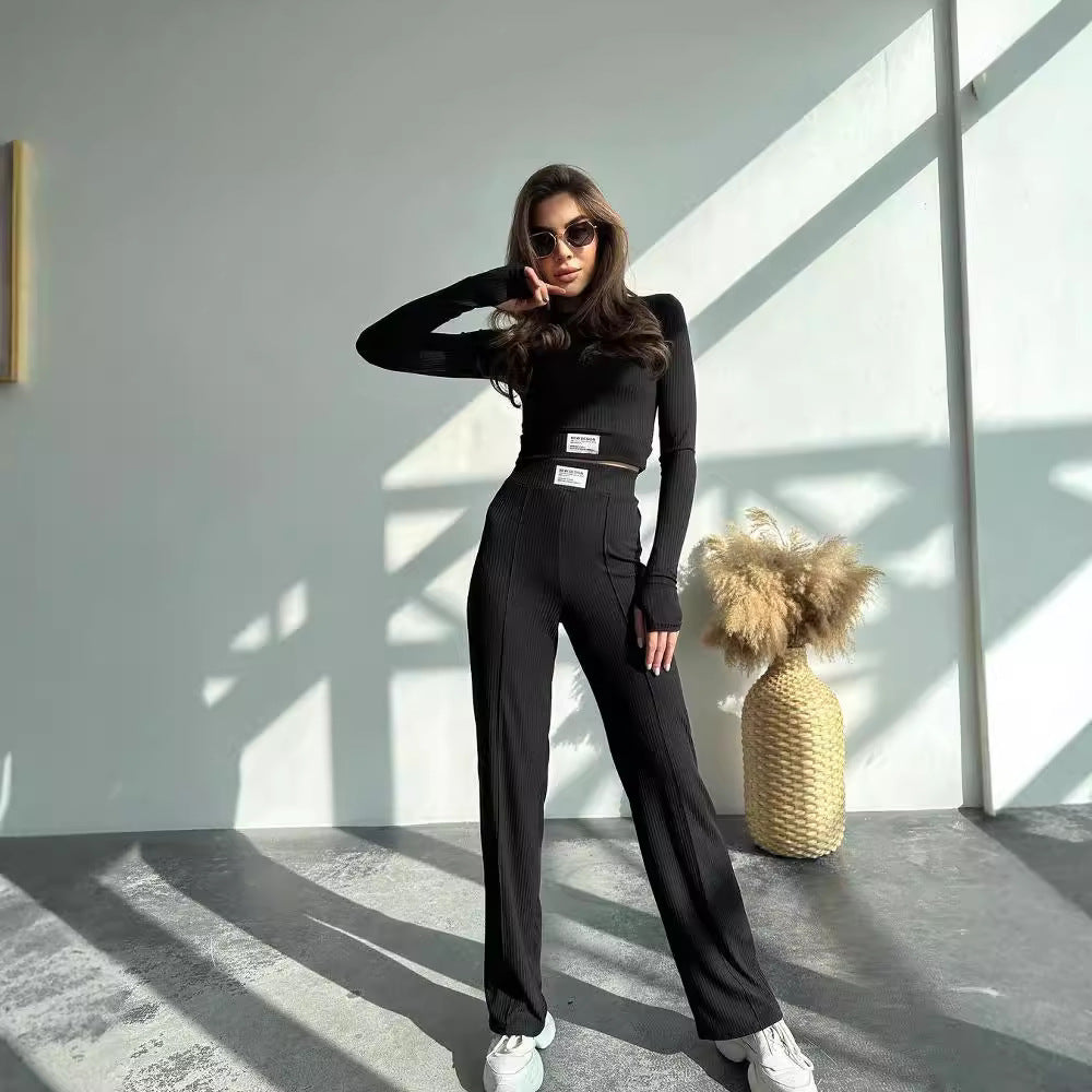 Damen Geripptes Zweiteiliges Loungewear-Set mit kurzem Langarmtop und High-Waist Weitbein-Hose Echoarchiv