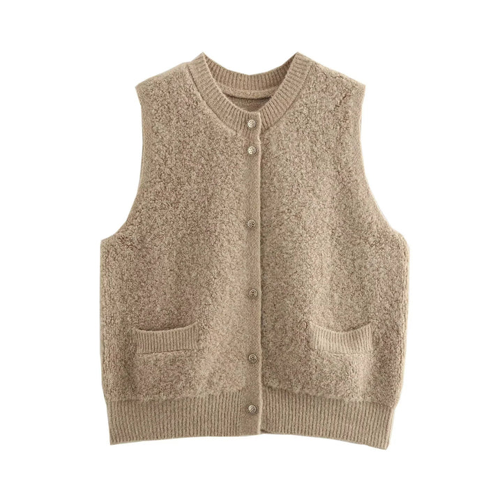Damen Ärmellose Teddy‑Weste mit Knopfleiste und aufgesetzten Taschen Echoarchiv