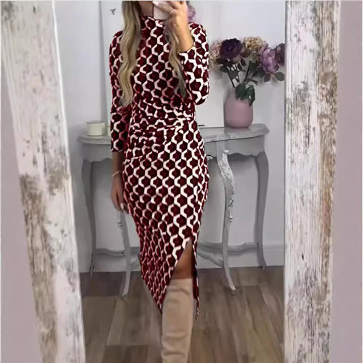 Damen Figurbetontes Midi-Kleid mit geometrischem Wabenmuster, Stehkragen und Seitenschlitz Echoarchiv