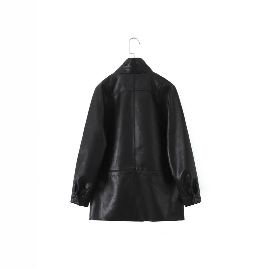 Damen Oversized Kunstlederjacke mit hohem Stehkragen und doppelreihiger Knopfleiste Echo Archiv