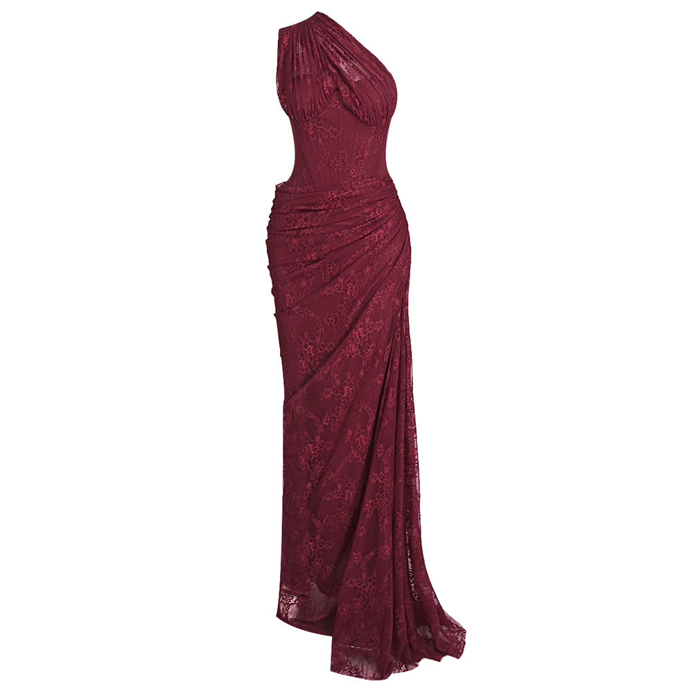 Damen elegantes Abendkleid mit asymmetrischem One-Shoulder-Design und floralem Spitzenbesatz Echo Archiv