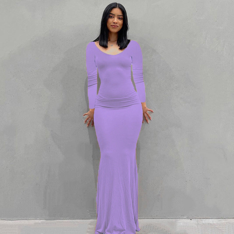Damen Körperbetontes Maxi‑Jerseykleid mit taillierter Drapierung, langen Ärmeln und ausgestelltem Saum – Valéora