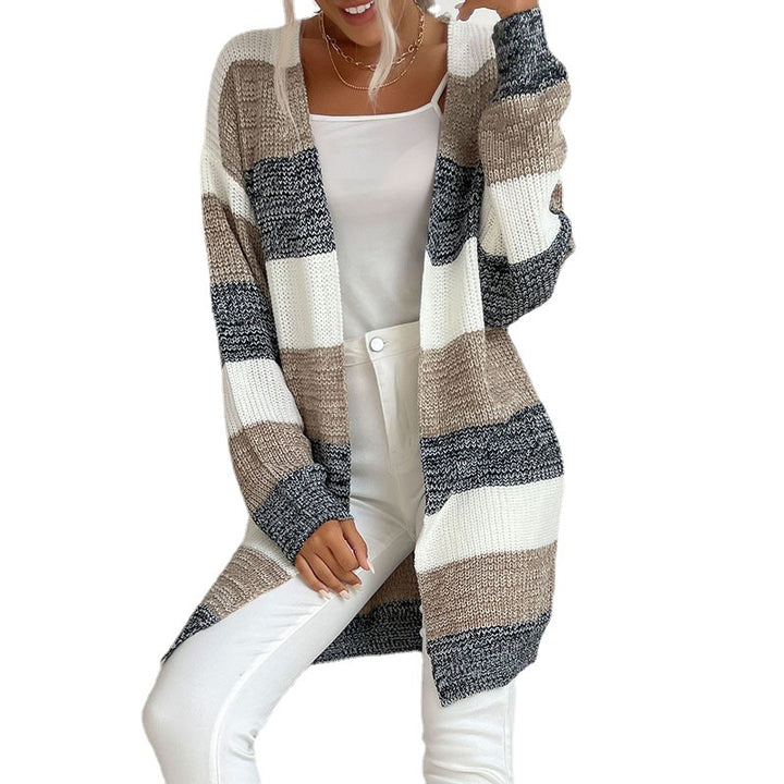 Damen Longline Strickcardigan mit breiten Blockstreifen, offener Front und überschnittener Schulter Echoarchiv