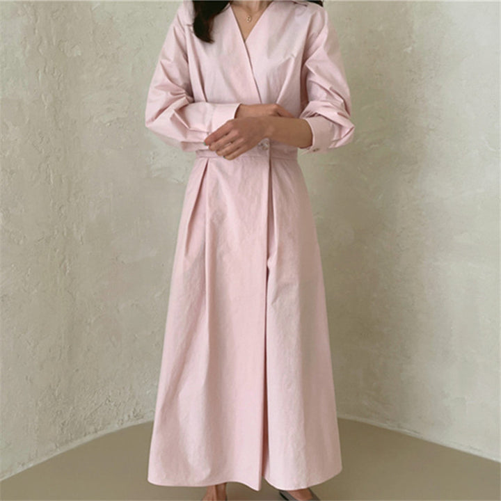 Damen Wickel-Hemdkleid mit tailliertem Bund, Kellerfalten und Eingrifftaschen – Valéora
