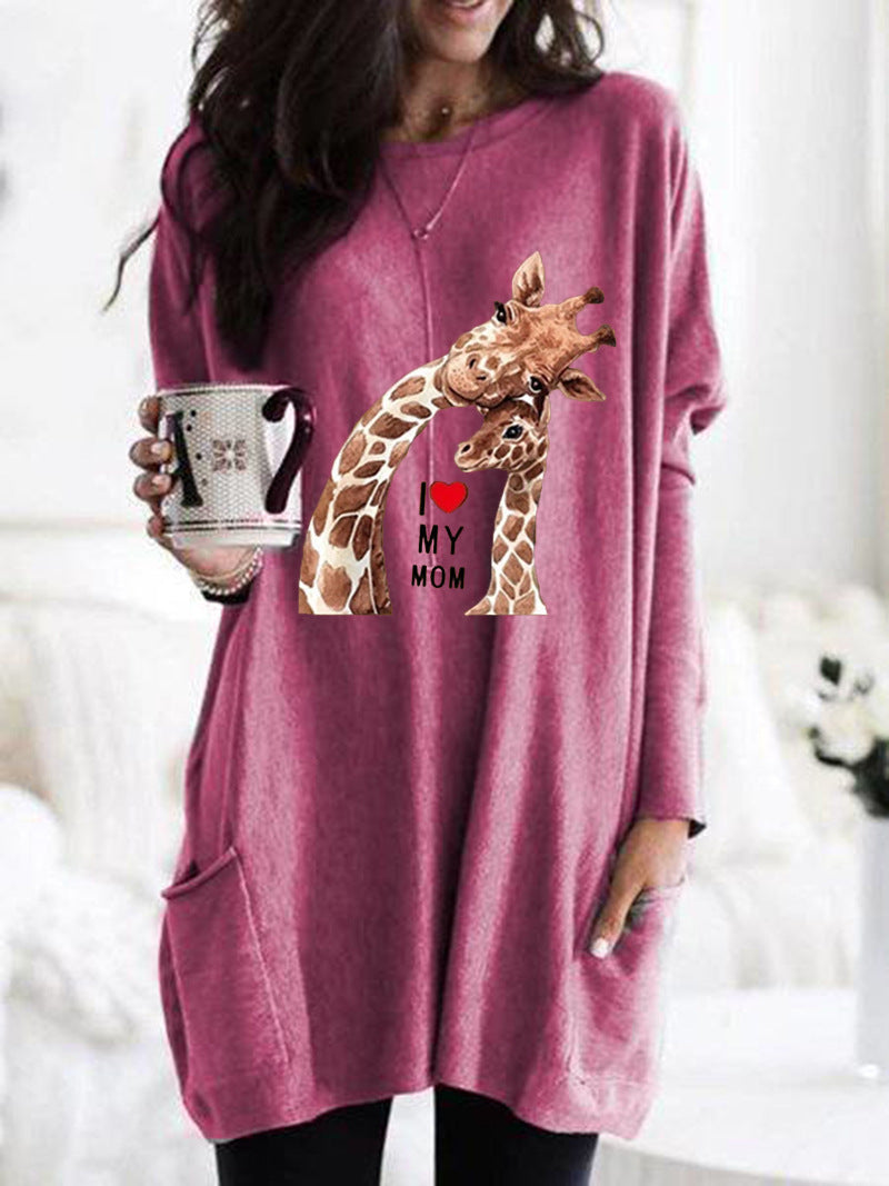 Frauen Übergroße Sweatkleid mit Giraffenmuster, Rundhalsausschnitt und Seitentaschen Echoarchiv