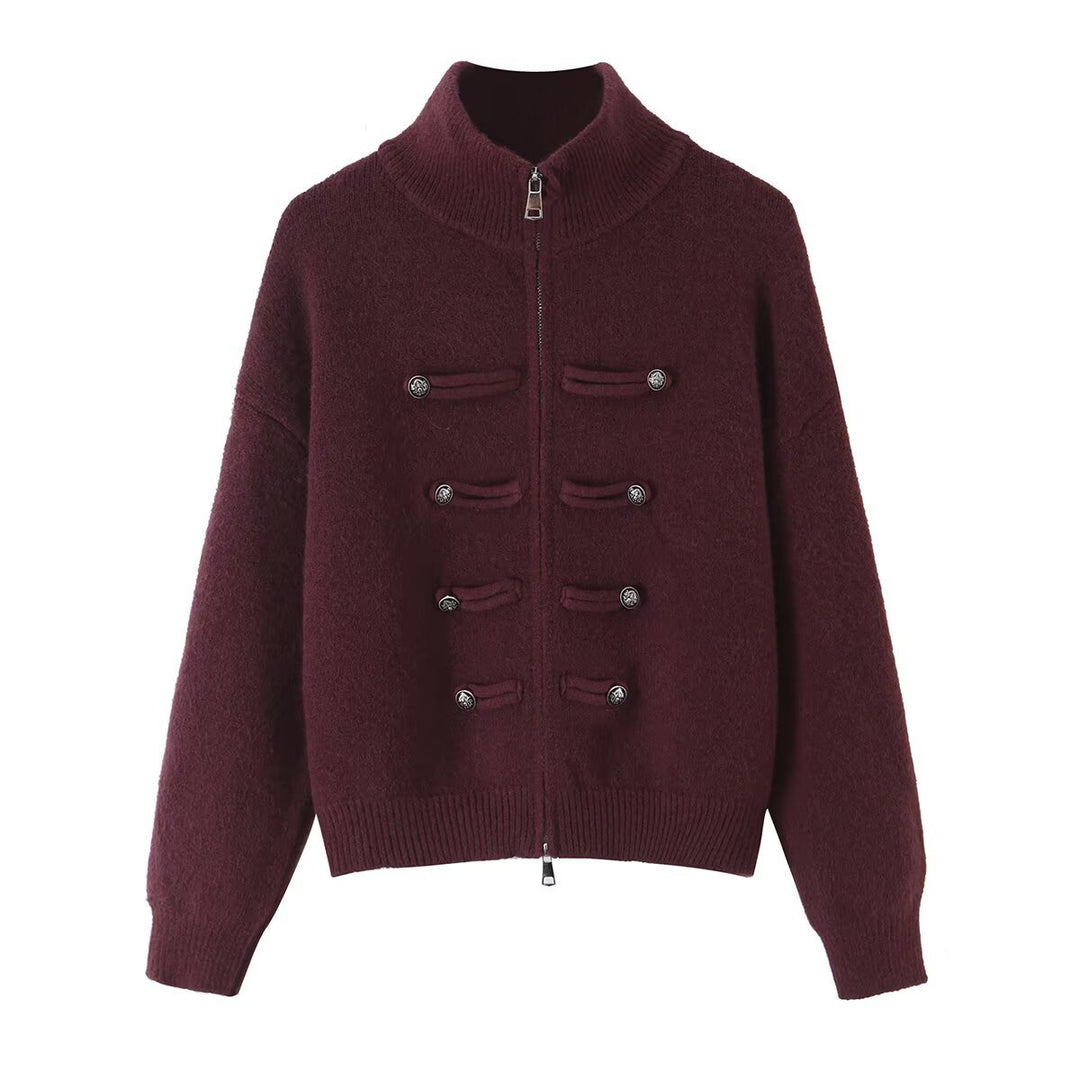 Damen Strickjacke mit Stehkragen, Reißverschluss und dekorativen Knotenblenden Echoarchiv