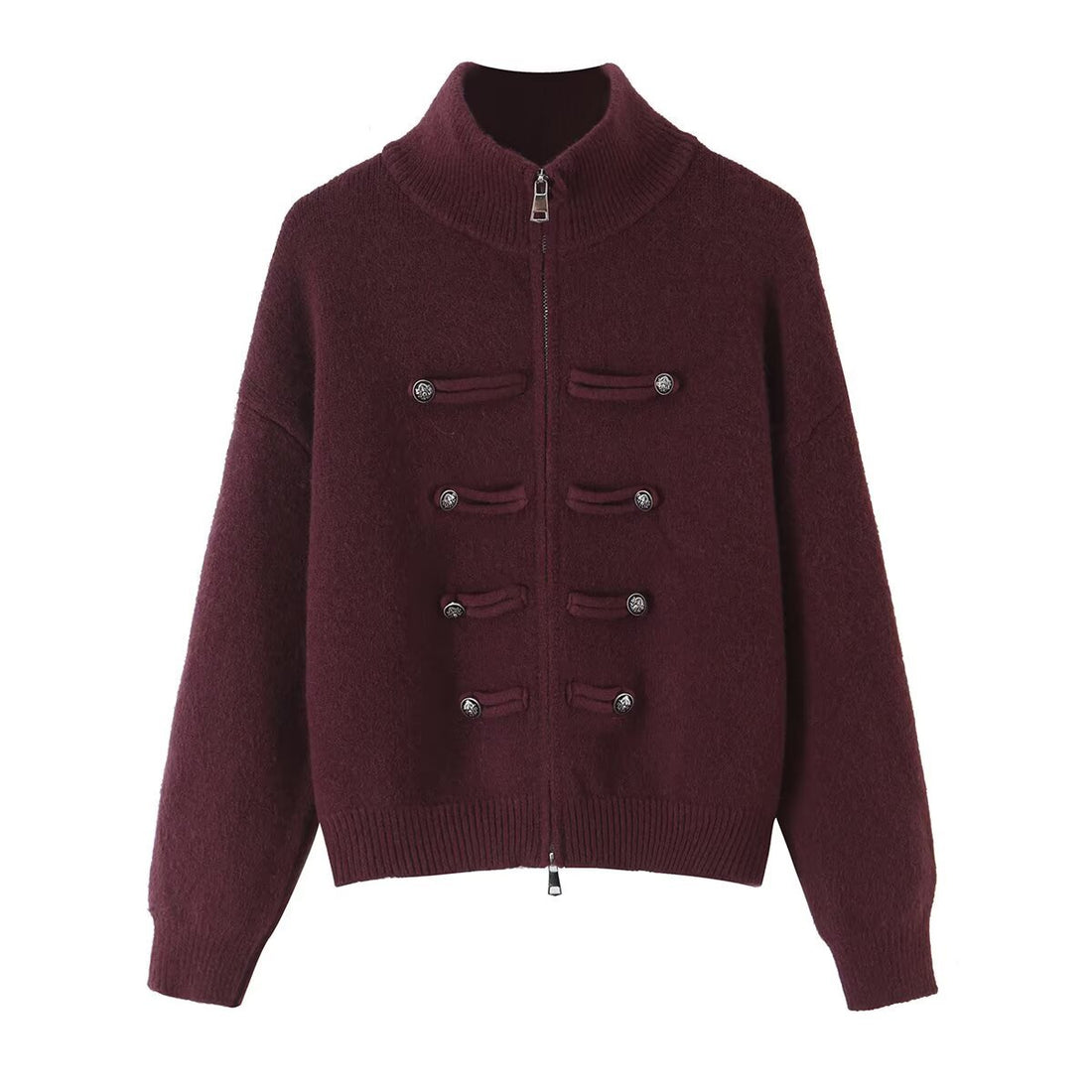 Damen Strickjacke mit Stehkragen, Reißverschluss und dekorativen Knotenblenden Echoarchiv