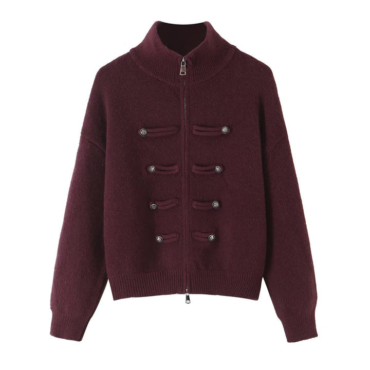 Damen Strickjacke mit Stehkragen, Reißverschluss und dekorativen Knotenblenden Echoarchiv