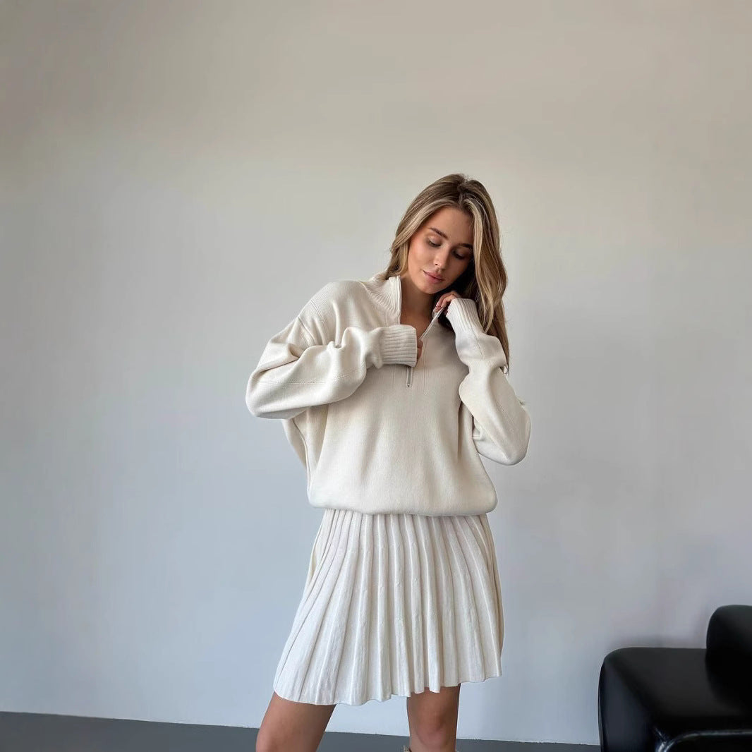 Damen gemütliches Strick-Set mit Reißverschluss-Pullover und plissiertem Rock – Élanora