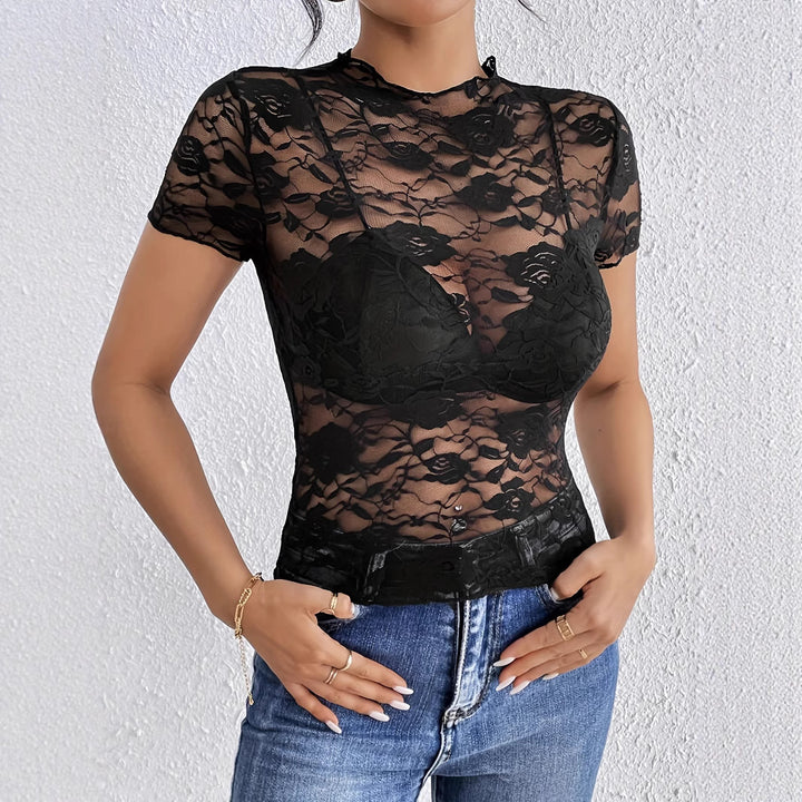 Damen nan kurzes Spitzenoberteil mit floraler Ajour-Spitze, Stehkragen und eingearbeitetem Bustier Echo Archiv