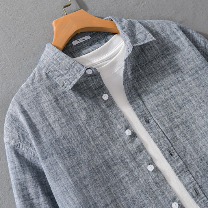 Herren Texturiertes Leinen-Baumwoll-Overshirt im Relaxed-Fit mit Hemdkragen und durchgehender Knopfleiste Echoarchiv