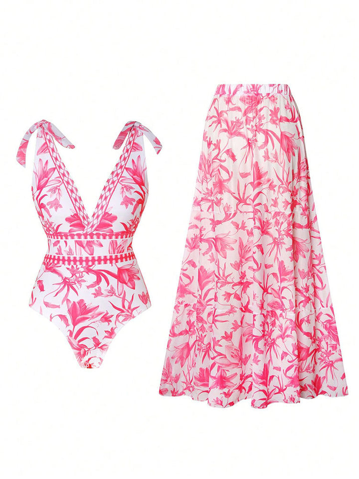 Damen Eleganter Badeanzug- und Maxirock-Set Echo Archiv