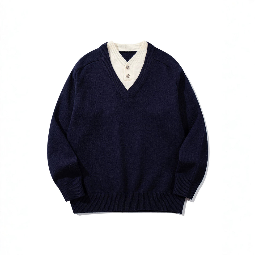 Herren Pullover mit tiefem V-Ausschnitt und eingearbeitetem Henley‑Kragen Echoarchiv