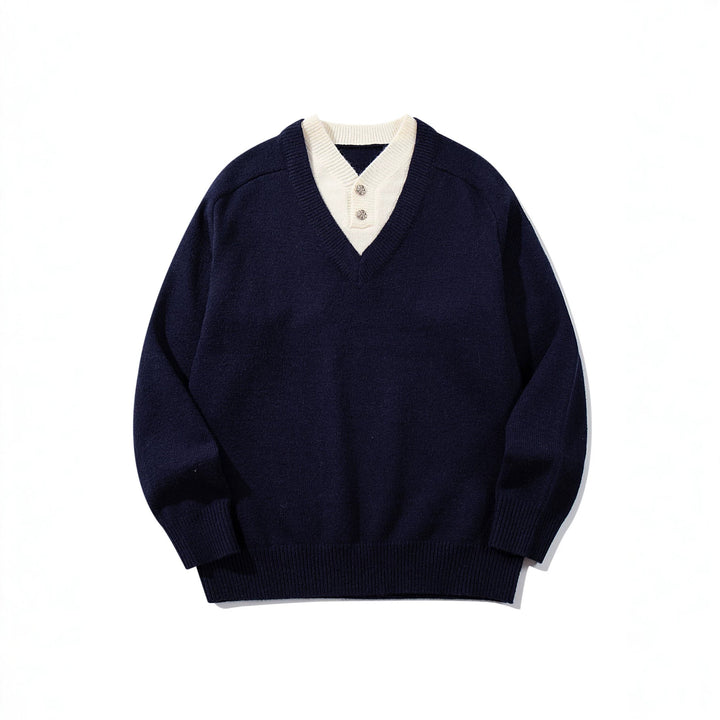 Herren Pullover mit tiefem V-Ausschnitt und eingearbeitetem Henley‑Kragen Echoarchiv