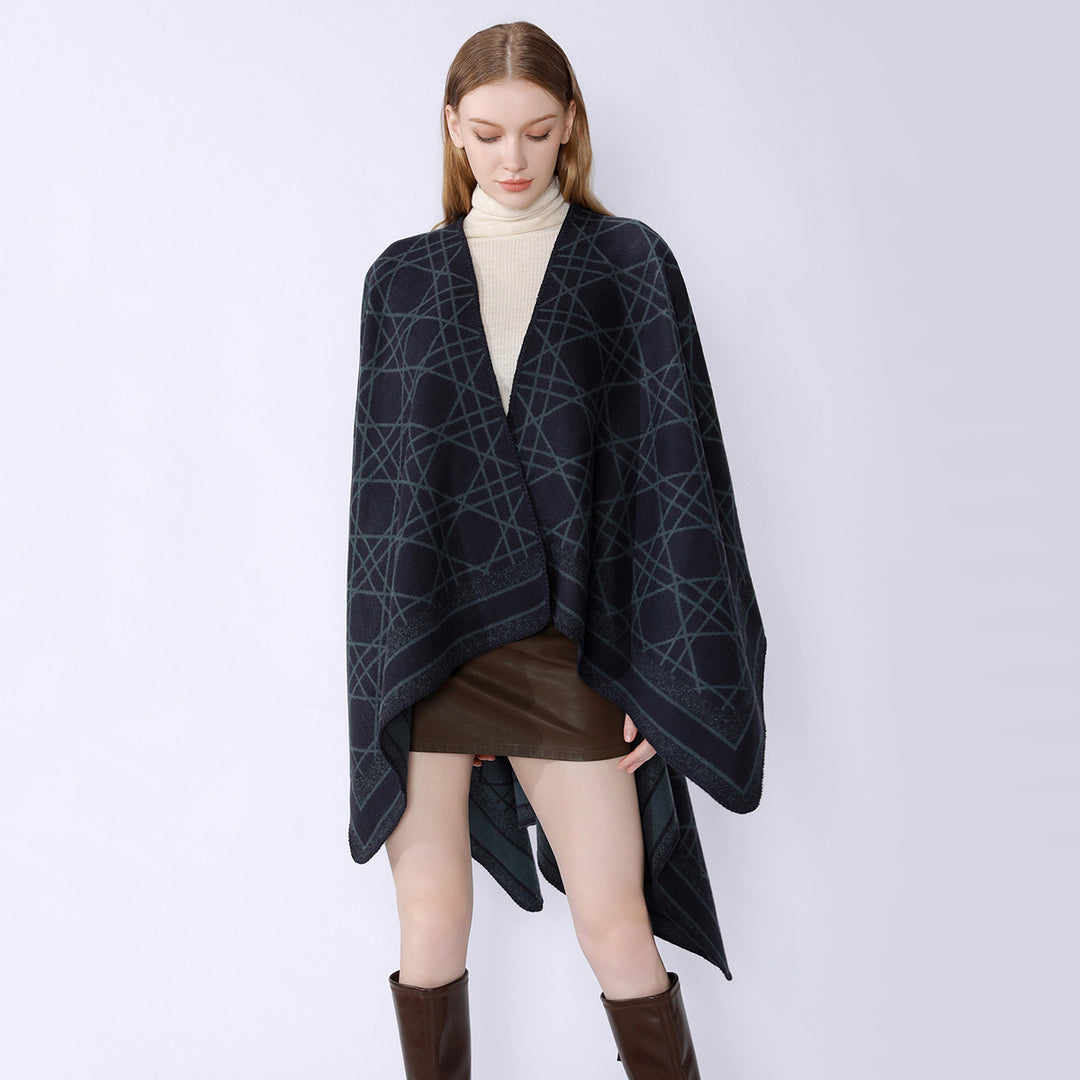 Damen Wendbarer Jacquard-Capeponcho mit geometrischem Allovermuster und offenem Kimono-Fall – Célinea