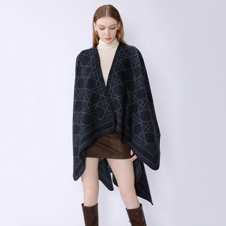 Damen Wendbarer Jacquard-Capeponcho mit geometrischem Allovermuster und offenem Kimono-Fall – Célinea