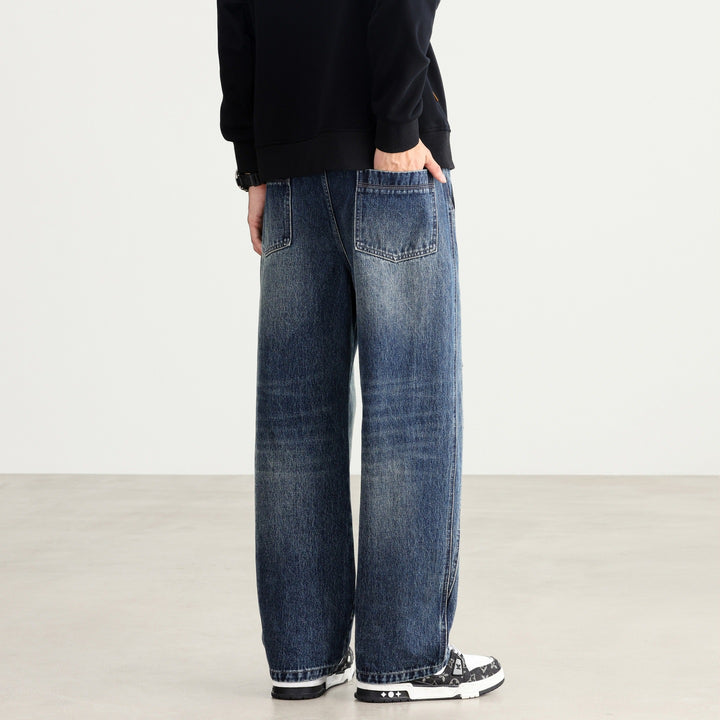 Herren Weite Denim-Hose mit Tunnelzugbund, Paneelnähten und Used-Waschung Echo Archiv