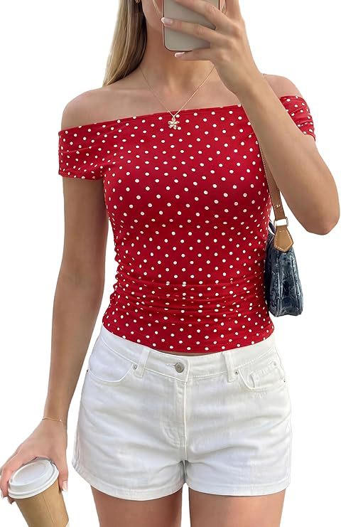 Damen Schulterfreies tailliertes Polka‑Dot Top mit geraffter Seitennaht Echo Archiv